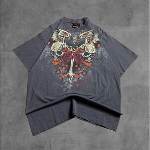 Miami‎ Ink Men's Graphic T-Shirt Skull Wings Roses Dark Gray Size L